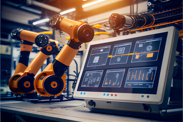 Wall Mural - Manager engineer check and control automation robot arms machine in intelligent factory industrial on real time monitoring system software. Welding robotics and digital manufacturing operation.