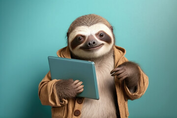 Wall Mural - Studio photo portrait of a happy sloth in hipster clothes with laptop, created with Generative AI technology