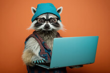 Studio Photo Portrait Of A Happy Raccoon In Hipster Clothes, Concept Of Hipster Style And Animal Portrai