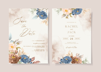 Wall Mural - Watercolor wedding invitation template set with romantic navy, rust and peach floral and leaves decoration