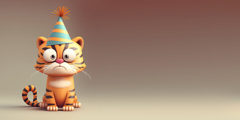 Poster - Cute Cartoon Birthday Tiger Banner With Space for Copy (Created with Generative AI)