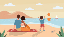 Family Watching Sunset. Man And Woman With Child Sitting On Beach And Hugging, Young Couple With Boy On Blanket. Summer Evening, Parents With Son At Vacation. Cartoon Flat Vector Illustration