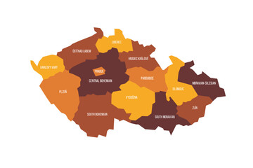 Naklejka na meble Czech Republic political map of administrative divisions - regions. Flat vector map with name labels. Brown - orange color scheme.