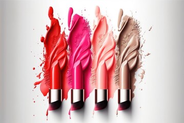 Wall Mural - Top view of the variation of feminine lipsticks in different shades with smudge effect on the white background. AI generative