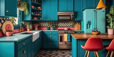 kitchen with bold colorful cabinets patterned countertops and eclectic decor showcasing love of mixing different styles, concept of Vibrant Palette and Eclectic, created with Generative AI technology