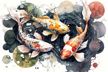 Koi fishes in watercolor painting style. Generative AI illustration