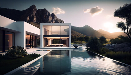 Wall Mural - Contemporary residential villa with modern architecture, swimming pool and mountain view. Generative AI illustration