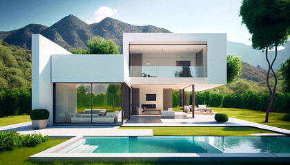 Wall Mural - Contemporary residential villa with modern architecture, swimming pool and mountain view. Generative AI illustration