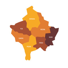 Naklejka na meble Kosovo political map of administrative divisions - districts. Flat vector map with name labels. Brown - orange color scheme.