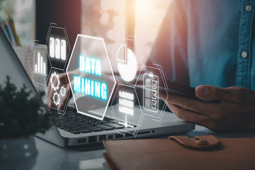 Data mining banner web icon for business and organization, Businessman working on laptop computer with data mining icon on VR screen, internet and networking concept.