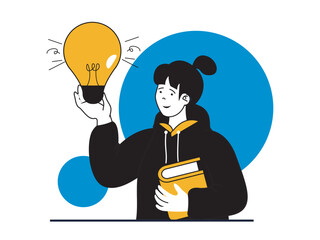 Fototapete - Education concept with character situation. Woman learns and reads textbooks and books, gains new knowledge and improves her skills. Vector illustrations with people scene in flat design for web