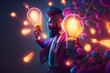 bright idea and creative thinking, visualization of brainstorming, a colorful glowing idea bulb lamp, fictional person created with generative ai