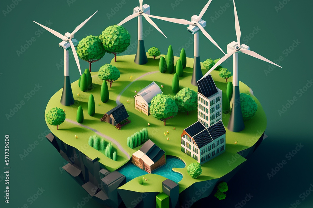 isometric image of a city with green energy, windmills, solar panels ...