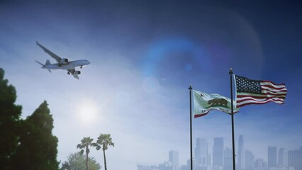 Wall Mural - airplane landing in los angeles, california. a generic passenger plane lowering its landing gears an