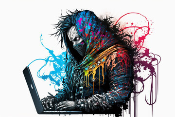 illustration of a t-shirt hacker in various colors on a white background, generative ai