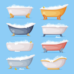 Canvas Print - Cast Iron Bathtub on Foot Full of Water with Soap Bubbles Foam Isolated on Blue Background Vector Set