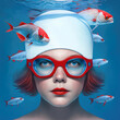 © Jürgen Fälchle - Junge Frau mit Badekappe schwimmt mit Fischen - Generative AI