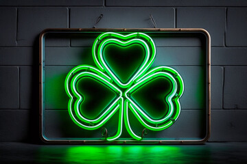 four-leaf neon green clover for good luck on St. Patrick's Day,  generative ai