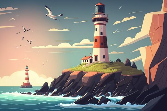 cartoon illustration, lighthouse on the sea coast, ai generative