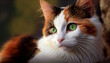 Brown and withe cat with green eyes, AI Generated 