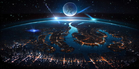 Wall Mural - earth and night city light map starry sky and moon view from space surrealism concept ,generated ai
