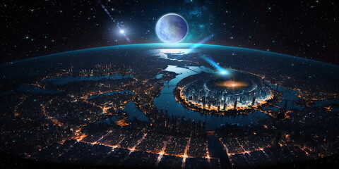 Wall Mural - earth and night city light map starry sky and moon view from space surrealism concept ,generated ai