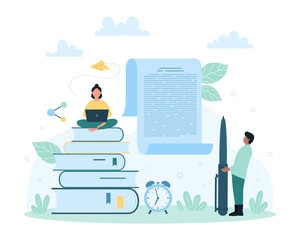 Creative authors work of copywriter vector illustration. Cartoon tiny people with pen and laptop writing talent text for blog content, articles or press release, writer and journalist storytelling