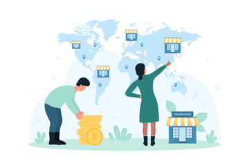 Franchise, global business expansion vector illustration. Cartoon tiny people holding money coins to expand company, plan investment in brand branches and new franchise enterprises on world map