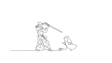 Poster - Animated self drawing of one continuous line draw two young sporty men fighting skill on kendo national competition in dojo center. Healthy martial art sport concept. Full length single line animation