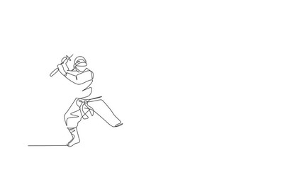 Wall Mural - Animation of one line drawing of energetic Japanese traditional ninja holding samurai sword on attack pose. Combative martial art sport concept. Continuous line self draw animated. Full length motion.