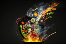 variety of vegetables are flying out of the pan with a burst of fire, depicting the energy and excitement of cooking, generative ai