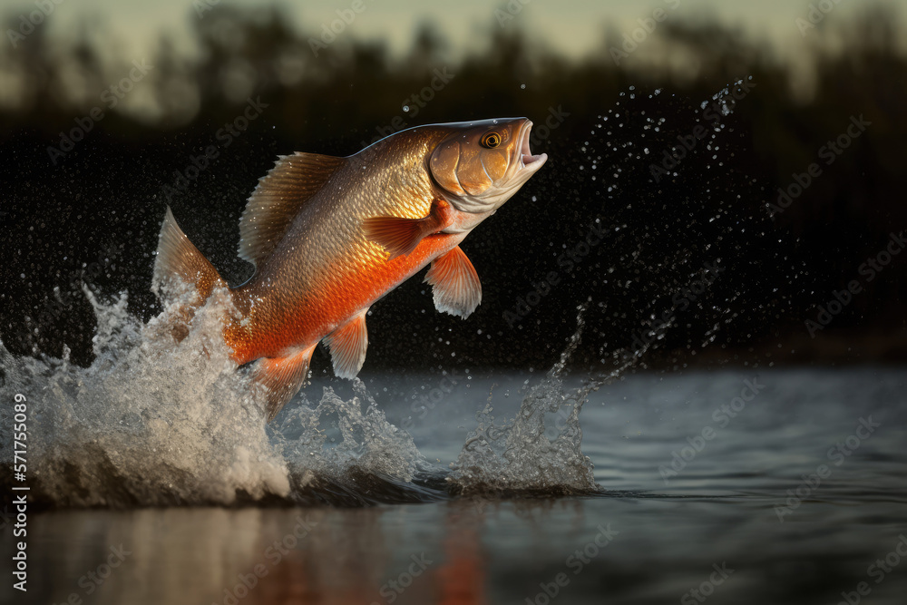 redfish jumping out of river water made by generative ai Stock ...