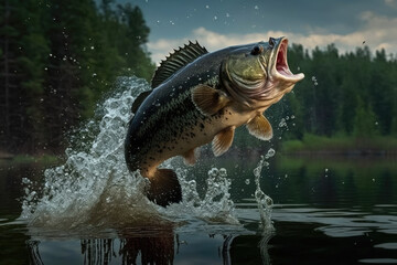 Sticker - black bass fish jumping out of river water made by generative ai