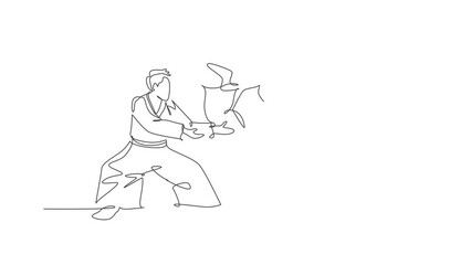 Poster - Animated self drawing of one continuous line draw young men aikido fighter practice fighting technique at dojo training center. Martial art combative sport concept. Full length single line animation.