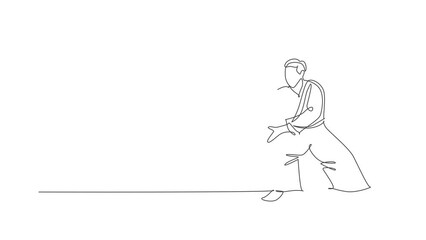 Sticker - Animated self drawing of one continuous line draw young man aikido fighter practice fighting stance pose at dojo training center. Martial art combative sport concept. Full length single line animation