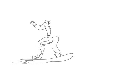 Sticker - Animation of one line drawing of energetic snowboarder woman ride fast snowboard at snowy mountain. Tourist vacation lifestyle sport concept. Continuous line self draw animated. Full length motion.