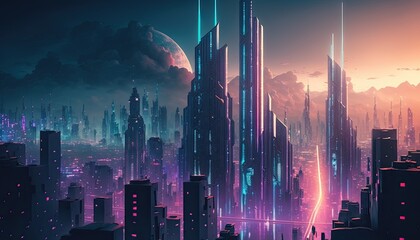 Futuristic abstract city landscape at night with cars and moving transport. Sky scrappers and neon lights.