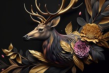 Elegant Luxury Golden And Black Deer Animal With Seamless Floral And Flowers With Leaves Background. 3d Abstraction Modern Interior Mural Painting Illustration Of A Deer With Flower Wallpaper. Ai
