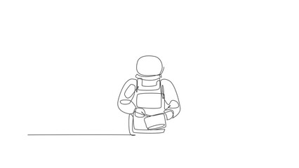 Wall Mural - Animation of one single line drawing of young astronaut chef mixing healthy dough with mixer and metal pan. Delicious space galaxy dish concept. Continuous line self draw animated. Full length motion.