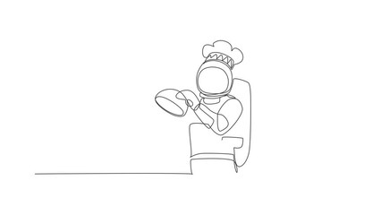 Wall Mural - Animated self drawing of single continuous line draw astronaut chef serving delicious food while opening metal food cloche tray. Healthy restaurant cuisine concept. Full length one line animation.