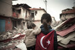 A woman stands with her back barefoot, with a child, against the backdrop of collapsed houses after the earthquake and the flag of Turkey. Digital illustration created with Generative AI.