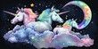 Einhörner auf einer Wolke und regenbogenfarben Nachthimmel mit Sternen Wasserfarben Stil - mit AI erstellt