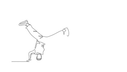 Wall Mural - Animated self drawing of single continuous line draw young energetic hip-hop dancer man practice head stand break dancing in street. Urban generation lifestyle concept. Full length one line animation.