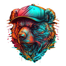 Epic, Unique, And Artistic Bear Animal Moscot Sports Team Logo T-Shirt Graphic Design In Tattoo Style With Neon Colors Isolated On Transparent Background PNG Generative AI