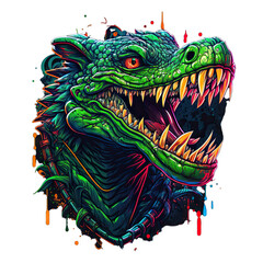 Wall Mural - Epic, Unique, and Artistic Crocodile Animal Moscot Sports Team Logo T-Shirt Graphic Design in Tattoo Style with Neon Colors Isolated on Transparent Background PNG generative AI