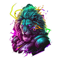  Epic, Unique, and Artistic Lion Animal Moscot Sports Team Logo T-Shirt Graphic Design in Tattoo Style with Neon Colors Isolated on Transparent Background PNG generative AI