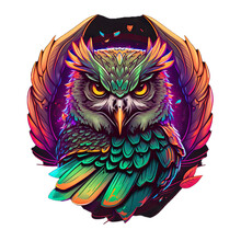Epic, Unique, And Artistic Owl Animal Moscot Sports Team Logo T-Shirt Graphic Design In Tattoo Style With Neon Colors Isolated On Transparent Background PNG Generative AI