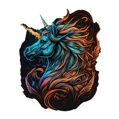 Wall Mural - Epic, Unique, and Artistic Unicorn Animal Moscot Sports Team Logo T-Shirt Graphic Design in Tattoo Style with Neon Colors Isolated on Transparent Background PNG generative AI