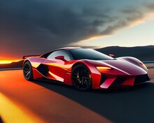 Red Sports Car On The Road, Generative AI
