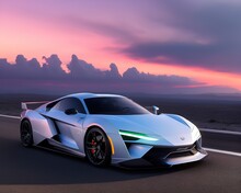 Sport Car On The Road In The Sunset, Silver Sport Car, Generative AI